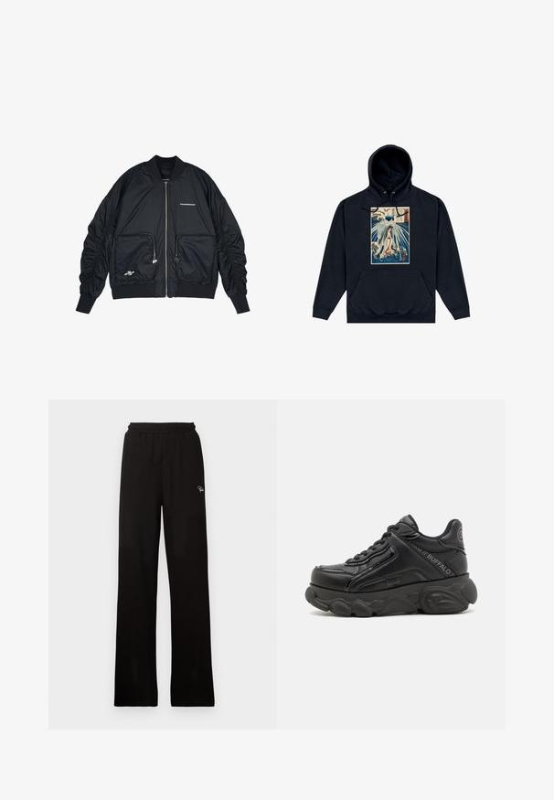 Schwarze Bomberjacke mit Reißverschluss vorne, gerippten Bündchen und Saum. Verfügt über zwei Fronttaschen, geraffte Ärmel und silberne Logo-Details.; Schwarzer Hoodie mit einem zentralen Grafikdruck, der eine japanisch inspirierte Illustration einer Figur zwischen Wellen und Wolken zeigt. Kordeln an der Kapuze.; Schwarze, gerippte, weit geschnittene Hose mit elastischem Bund und kleinem dekorativem Logo, aus einem glatten Material mit langem Design.; Schwarzer klobiger Plateau-Sneaker mit strukturierter Sohle, Schnürung vorne und gebrandeten Details an der Seite und Ferse.