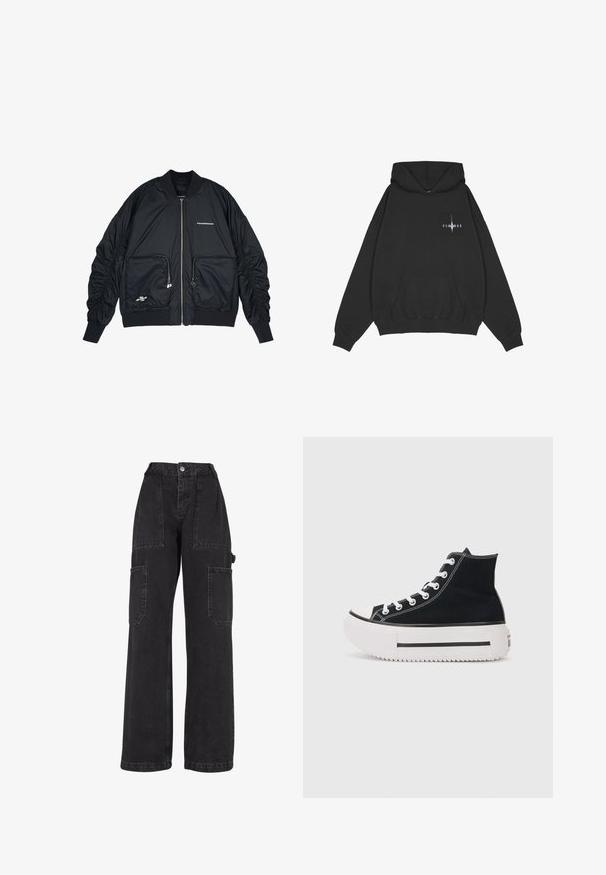 Sort bomberjakke med lynlås i front, ribbede manchetter og kant. Har to frontlommer, indsamlede ærmer og sølvlogo-detaljer.; Pegador Hættetrøje - washed black; Sorte denim cargo bukser med brede ben, flere pattes lommer og høj talje. Har knaplukning og solid syning.; Sort højtop sneakers lavet af canvas, med hvide syninger, gummitåhætte, tyk hvid platformssål og sorte stribe detaljer.
