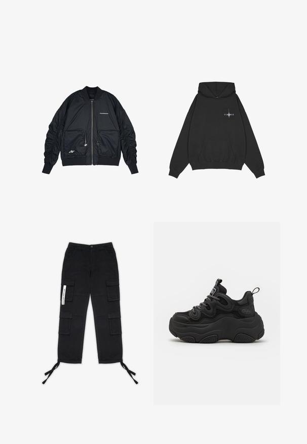 Schwarze Bomberjacke mit Reißverschluss vorne, gerippten Bündchen und Saum. Verfügt über zwei Fronttaschen, geraffte Ärmel und silberne Logo-Details.; Pegador Kapuzenpullover - washed black; Pegador TANAMI WIDE PANTS - Cargohose - black; Schwarzer Sneaker mit chunky Design, featuring einem strukturierten Obermaterial, Mesh-Einsätzen und einer dicken Gummisohle. Reflexionsschnürsenkel und sichtbare Markendetails.