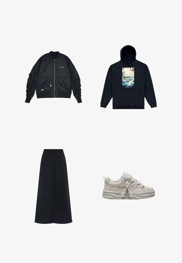 Schwarze Bomberjacke mit Reißverschluss vorne, gerippten Bündchen und Saum. Verfügt über zwei Fronttaschen, geraffte Ärmel und silberne Logo-Details.; Schwarzer Kapuzenpullover mit Fronttasche, mit farbigem japanischem Wellen- und Landschaftsprint mit der Aufschrift „Ashmolean Museum Oxford“.; Schwarze weite Hosen mit einem elastischen Bund und verstellbarem Kordelzug. Aus leichtem Stoff mit glatter Textur. Keine sichtbaren Muster.; Hellgrauer Wildledersneaker mit gepolstertem Schaft, strukturierten Akzentlinien, flachen Schnürsenkeln und dicker Gummisohle mit profiliertem Muster.