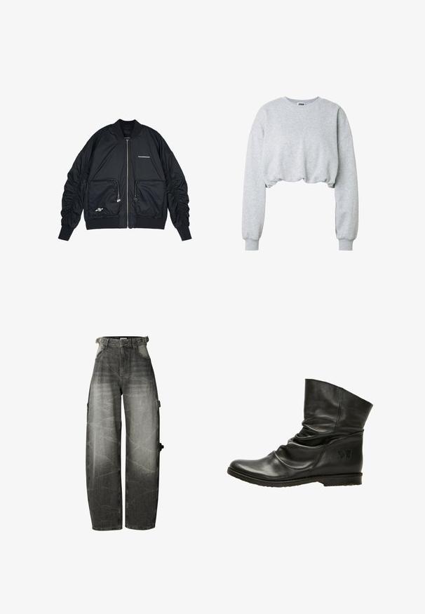 Zwarte bomberjack met een ritssluiting aan de voorkant, ribgebreide manchetten en zoom. Voorzien van twee voorkruinen, gathered mouwen en zilveren logo-details.; Lichtgrijze cropped sweatshirt met lange mouwen, geribbelde manchetten, ronde hals en geplooide elastische zoom.; Zwart gewassen wijde jeans met hoge taille, voorzakken en riemlussen, met een zakdetail op het rechterbeen.; Zwarte leren enkelboot met een slouch ontwerp, ronde neus en platte zool. Kenmerkt zich door een subtiele vlinderlogo aan de zijkant. Gladde textuur.