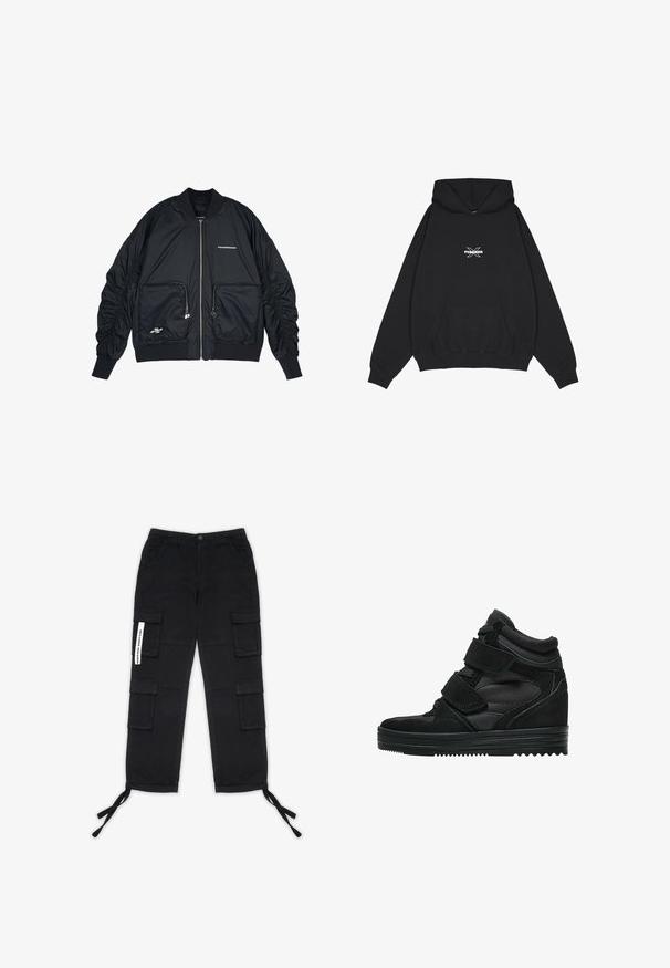 Sort bomberjakke med lynlås i front, ribbede manchetter og kant. Har to frontlommer, indsamlede ærmer og sølvlogo-detaljer.; Pegador BELLY OVERSIZED HOODIE - Hættetrøje - washed black; Pegador TANAMI WIDE PANTS - Cargobukser - black; Sorte høj-top sneakers lavet af ruskind og mesh, med velcro-remme, en glat overflade og en struktureret gummisål for godt greb.