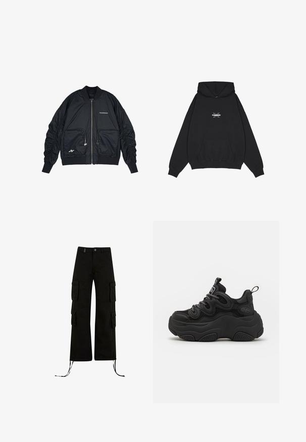 Veste bomber noire avec fermeture éclair à l'avant, manches et ourlet côtelés. Comprend deux poches avant, des manches froncées et des détails de logo en argent.; Pegador BELLY OVERSIZED HOODIE - Sweat à capuche - washed black; Pantalons cargo noirs à coupe décontractée, avec des poches cargo sur les côtés, des ourlets à cordon de serrage et une fermeture par bouton à la taille.; Baskets noires au design chunky, avec une tige texturée, des panneaux en maille et une semelle en caoutchouc épaisse. Lacets réfléchissants et détails de marque visibles.