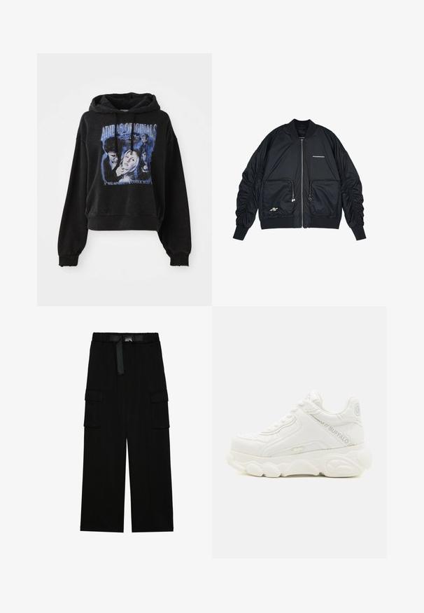 Čierna bomber bunda s predným zipom, rebrovanými manžetami a lemom. Má dve predné vrecká, zhromaždené rukávy a strieborné logo.; Čierna skrátená mikina s kapucňou vyrobená z bavlny s viazacou šnúrkou. Obsahuje grafický potlač v modrej farbe, zobrazuje postavy a text.; Čierne cargo nohavice s voľným strihom, elastickým pásom s opaskom a dvoma veľkými bočnými vreckami na uloženie.; Biele masívne tenisky s hrubou podrážkou, šnurovaním a značkou "Buffalo" na boku a päte.