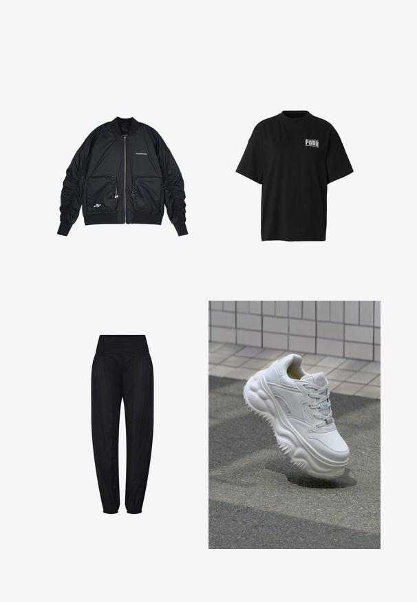 Must must jacket, mille õmblus, ribidetega mansetid ja alumine äär. Omab kahte esikoti, kokku tõmmatud varrukad ja hõbedane logo detail.; Must suurte mõõtmetega lühikeste varrukatega T-särk, ümara kaelusega ja valge "PGDR" logoga vasakul ülakõhul.; Mustad kõrge vöökohaga püksid, millel on kortsuline vöökoht ja kogutud elastsed mansetid, lahtine lõige puusadest ning kitsenevad sääred.; Valge nahkne tennis, millel on paks tald, tekstuuriga detailid ja paeltega sulgemine. Omab vormitud aktsente ja siledat viimistlust.