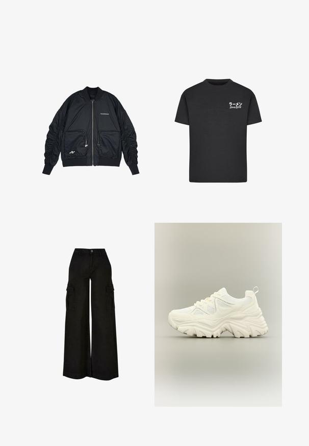 Sort bomberjakke med lynlås i front, ribbede manchetter og kant. Har to frontlommer, indsamlede ærmer og sølvlogo-detaljer.; Sort bomulds T-shirt med rund hals. Har hvid tekst, inklusive japanske tegn og "Slurp Away," på venstre brystområde.; Sort vidbens cargo bukser med høj talje, frontknap, lynlås, bæltestropper og klaplommer på begge lår.; Hvid chunky sneaker med tyk tekstureret sål, mesh paneler, snørelukning foran og trækstrop ved hælen på en neutral baggrund.