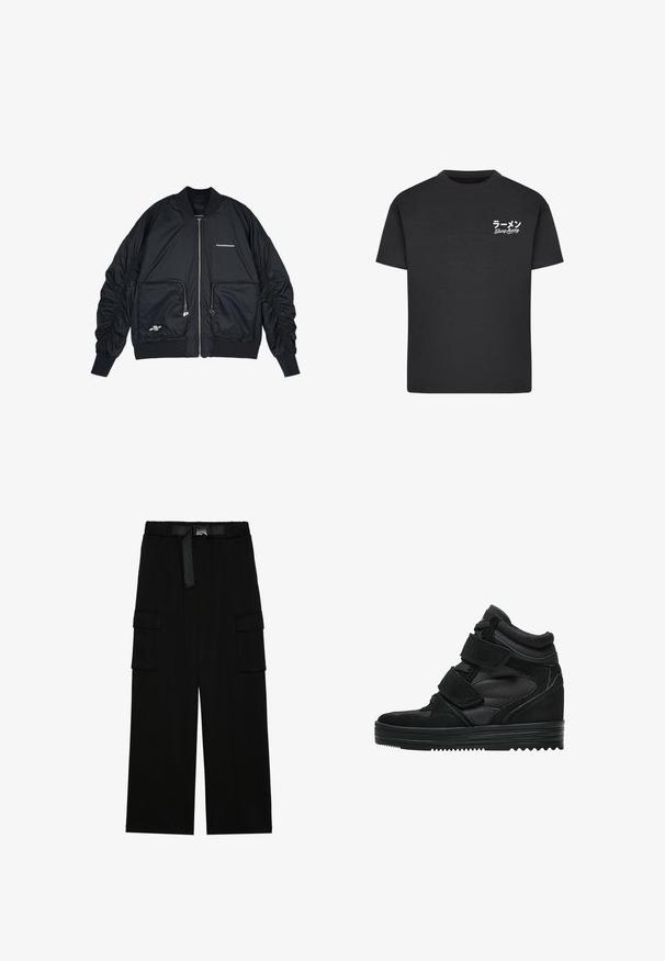 Veste bomber noire avec fermeture éclair à l'avant, manches et ourlet côtelés. Comprend deux poches avant, des manches froncées et des détails de logo en argent.; T-shirt noir en coton avec un col rond. Présente du texte blanc, y compris des caractères japonais et les mots "Slurp Away" sur la zone gauche de la poitrine.; Pantalons cargo noirs avec une coupe large, taille élastique avec une ceinture, et deux grandes poches latérales pour le rangement.; Baskets montantes noires en suede et mesh, avec des bandes Velcro, une finition lisse et une semelle en caoutchouc texturée pour une meilleure adhérence.