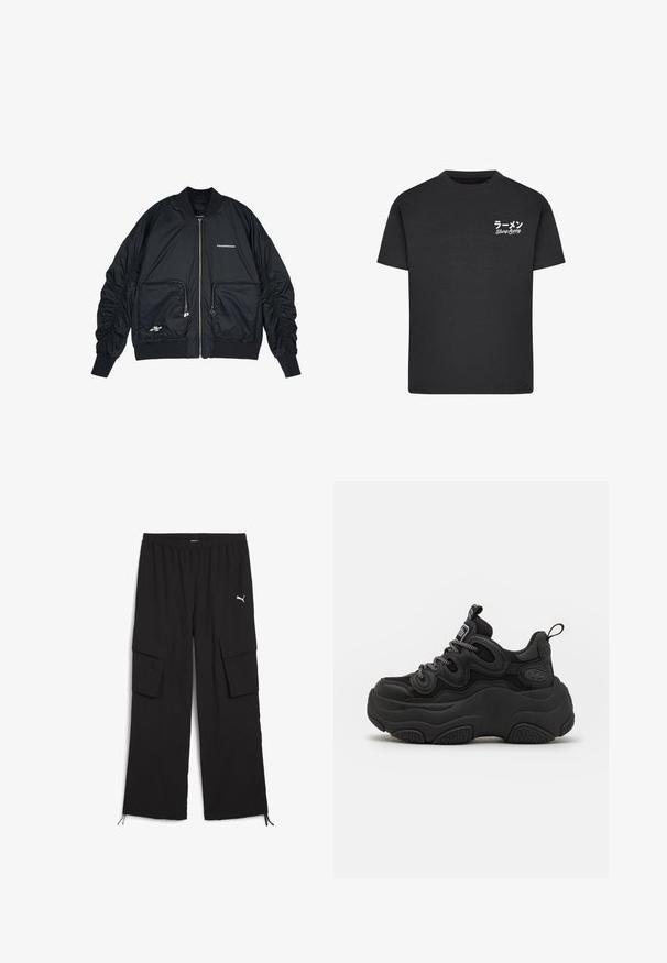 Schwarze Bomberjacke mit Reißverschluss vorne, gerippten Bündchen und Saum. Verfügt über zwei Fronttaschen, geraffte Ärmel und silberne Logo-Details.; Schwarzes Baumwoll-T-Shirt mit Rundhalsausschnitt. Mit weißem Text, einschließlich japanischer Schriftzeichen und "Slurp Away", auf der linken Brustseite.; Schwarze Cargo-Hosen mit weitem Bein, elastischem Bund, zwei Seitentaschen und Kordelzugsäumen. Mit einem kleinen weißen Logo.; Schwarzer Sneaker mit chunky Design, featuring einem strukturierten Obermaterial, Mesh-Einsätzen und einer dicken Gummisohle. Reflexionsschnürsenkel und sichtbare Markendetails.