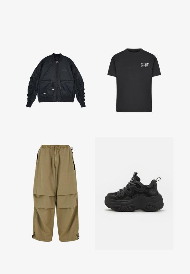 Sort bomberjakke med lynlås i front, ribbede manchetter og kant. Har to frontlommer, indsamlede ærmer og sølvlogo-detaljer.; Sort bomulds T-shirt med rund hals. Har hvid tekst, inklusive japanske tegn og "Slurp Away," på venstre brystområde.; Beige cargo bukser med elastisk talje, store forlommer og justerbare manchetter. Lavet af letvægtsmateriale med en glat tekstur.; Sorte sneakers med en chunky design, der har en tekstureret overdel, mesh-paneler og tyk gummisål. Reflekterende snørebånd og branddetaljer er synlige.