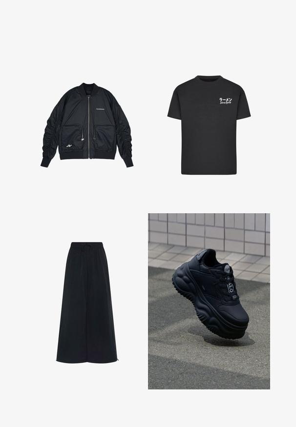 Must must jacket, mille õmblus, ribidetega mansetid ja alumine äär. Omab kahte esikoti, kokku tõmmatud varrukad ja hõbedane logo detail.; Must must t-särk, millel on ümmargune kaelus. Vasakul rinnapeal on valge tekst, sealhulgas jaapanikeelsed tähemärgid ja "Slurp Away".; Mustad laiad püksid elastse vöökoht ja reguleeritava nööriga. Valmistatud kerge kangaga, millel on sile tekstuur. Ilma nähtavate mustriteta.; Mustad mustad spordijalatsid, millel on sile nahast ülaserv, tõstetud tallad lainelaadsete mustritega ning paelad kindla istuvuse tagamiseks. Brändimine keelel.