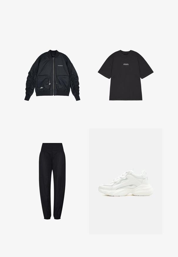 Veste bomber noire avec fermeture éclair à l'avant, manches et ourlet côtelés. Comprend deux poches avant, des manches froncées et des détails de logo en argent.; T-shirt en coton noir à manches courtes, avec un petit texte graphique blanc "PEGAIDOR PGDR" sur le devant. Design simple à encolure ras du cou.; Pantalon noir taille haute avec ceinture smockée et poignets élastiques froncés, coupe ample aux hanches et jambes fuselées.; Baskets blanches épaisses avec semelle épaisse, fermeture à lacets sur le devant et cuir synthétique lisse avec des détails subtils de couture.