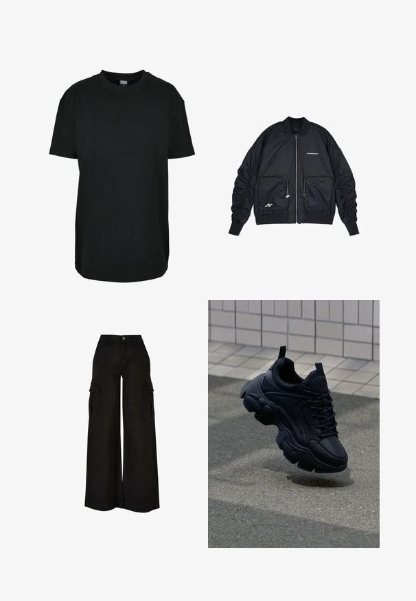 Zwarte bomberjack met een ritssluiting aan de voorkant, ribgebreide manchetten en zoom. Voorzien van twee voorkruinen, gathered mouwen en zilveren logo-details.; Zwart T-shirt met korte mouwen en ronde hals in maat XS met "Urban Classics" label aan de binnenkant van de kraag.; Zwarte wijde cargo-broek met hoge taille, knoop aan de voorkant, rits, riemlussen en klepzakken op beide dijen.; Zwarte leren sneaker met een chunky ontwerp, voorzien van een dikke zool, getextureerde panelen en zwarte veters. Drijvend boven een grijze stoep.