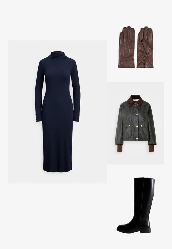 Donkergroene gewaxte jas met een bruine corduroy kraag, voorzien van gouden drukknoopsluiting en twee voorzakken, en geribbeld bruine manchetten.; Marineblauwe jurk met lange mouwen, een hoge kraag, een aansluitend silhouet en subtiele knoopdetails op de mouwboorden. Zachte, rekbare stof.; Knee-high zwarte leren laarzen met een gladde textuur, ronde neus, minimale stiksels en een platte rubberen zool. Eenvoudig, strak ontwerp.; Bruine leren handschoenen met een gladde textuur. Kenmerken zijn onder andere vijf vingertoppen, subtiele stiksels op de rug en geplooide polsdetails.