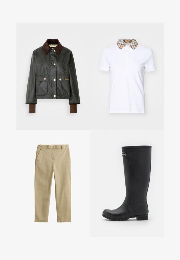 Dunkelgrüne gewachste Jacke mit einem braunen Cordkragen, ausgestattet mit goldenen Druckknöpfen und zwei vorderen Taschen sowie gerippten braunen Bündchen.; Barbour MALVERN - Poloshirt - white/hessian; Beige gerade Hosen mit Vordertaschen, Gürtelschlaufen und Knopfverschluss aus glattem Stoff.; Schwarzer Gummiregenstiefel, hohes Design mit mattem Finish. Verfügt über eine dicke Sohle mit Rillen und einem Logo-Akzent an der Seite.