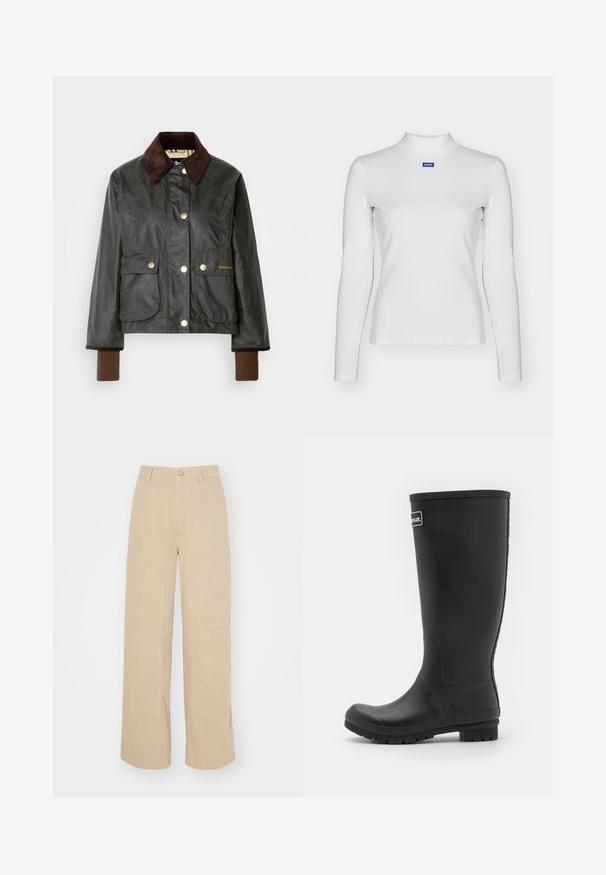 Veste cirée de couleur vert foncé avec un col en velours côtelé marron, dotée de boutons-pression dorés et de deux poches avant, avec des poignets côtelés marron.; Haut à col roulé blanc à manches longues en tissu extensible, avec une coupe ajustée et un petit logo bleu sur la poitrine.; Pantalons larges beiges en coton. Présente deux grandes poches avant et une fermeture à bouton en métal à la taille. Texture lisse.; Botte de pluie noire en caoutchouc, design haut avec une finition mate lisse. Dispose d'une semelle épaisse avec des rainures et d'un accent logo sur le côté.