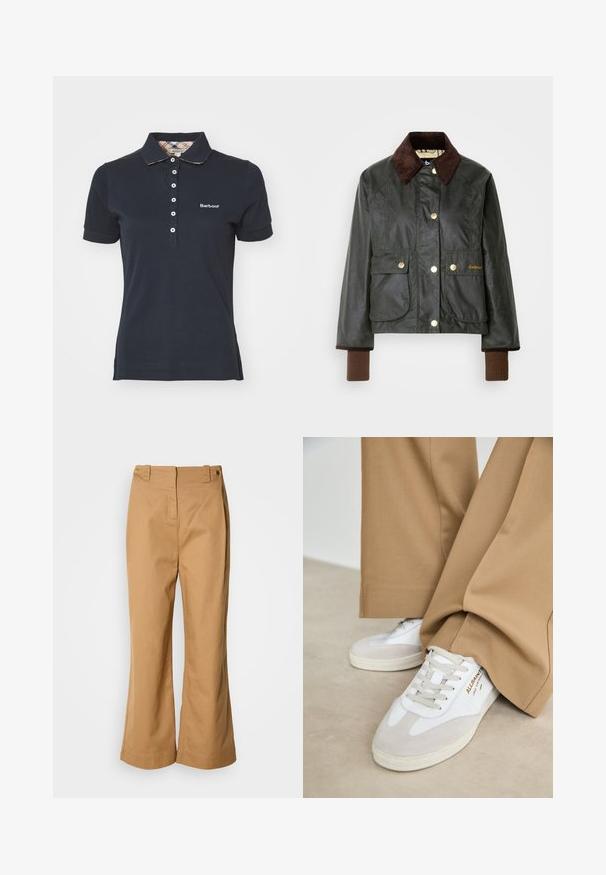Veste cirée de couleur vert foncé avec un col en velours côtelé marron, dotée de boutons-pression dorés et de deux poches avant, avec des poignets côtelés marron.; Polo en coton navy avec un col, doté d'une patte de boutonnage et d'un logo "Barbour" brodé en blanc. Manches courtes et garniture à motif à carreaux.; Pantalon à jambes larges en tissu de coton beige, doté d'une taille haute, de deux boutons dorés et d'une texture lisse. Aucun motif ou accent visible.; Baskets blanches avec des accents en daim, des lacets texturés et une semelle en caoutchouc. Associées à un pantalon beige ample. Logo affiché sur le côté.