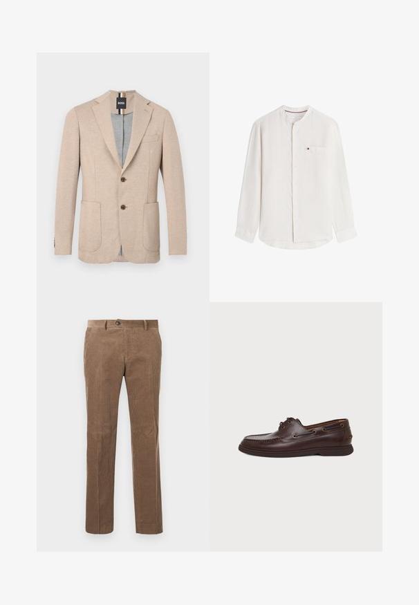 Beige herenblazer met inkeping revers, twee opgestikte zakken aan de voorkant, twee bruine knopen en een zwart merklabel aan de binnenkant van de kraag.; Tommy Hilfiger ELEVATED ESSENTIALS - Overhemd - white; Bruine corduroy broek met verticale ribbelstructuur, recht model, enkele knoopsluiting en twee voorzakken.; Donkerbruine leren bootschoen met veterogen, moc toe stiksels en een platte rubberen zool op een effen lichte achtergrond.