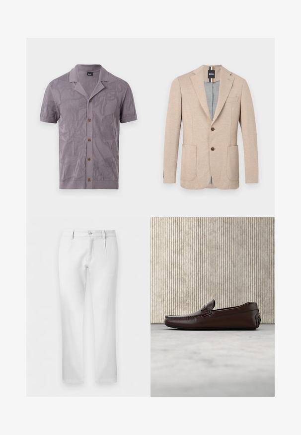 Blazer beige pour hommes avec revers crantés, deux poches plaquées à l'avant, deux boutons marron et une étiquette noire de marque à l'intérieur du col.; Chemise lavande à manches courtes avec boutonnière, motifs abstraits texturés et col camp, étiquetée "BOSS" à l'intérieur de l'encolure.; Pantalon blanc droit avec passants pour ceinture, fermeture par bouton et plis avant sur fond uni.; Mocassins en cuir marron avec une finition lisse, des coutures de style mocassin, un bout rehaussé et une semelle en caoutchouc basse et flexible.