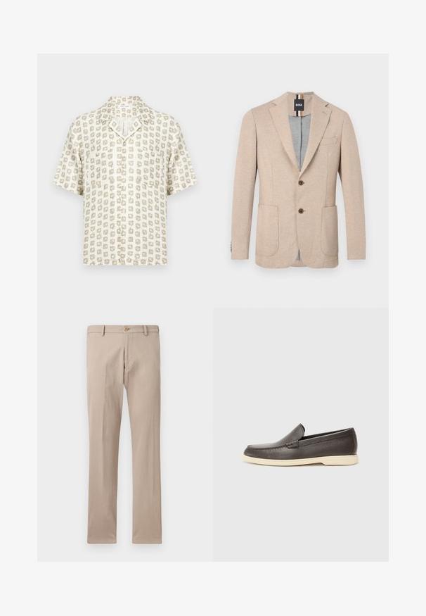 Blazer beige pour hommes avec revers crantés, deux poches plaquées à l'avant, deux boutons marron et une étiquette noire de marque à l'intérieur du col.; Chemise à manches courtes avec un motif abstrait de carrés beige et blanc et une petite poche poitrine.; Pantalon beige à jambes droites avec passants pour ceinture, fermeture avant par bouton, et poches, présenté sur un fond blanc uni.; Chaussures à enfiler en cuir marron avec une surface texturée et une semelle beige clair contrastante, présentant un bout arrondi et de minimalistes détails de couture.