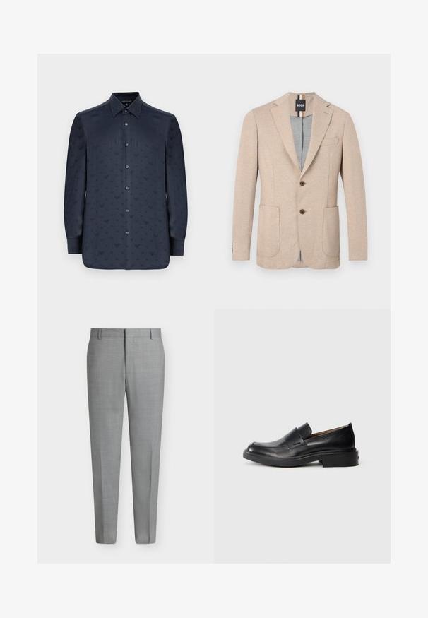 Beige herreblazer med notched revers, to forlommer med påsyede lommer, to brune knapper og et mærket sort label indeni kraven.; Mørkeblå button-up skjorte med lange ærmer, der har et struktureret mønster af små V-former overalt, lavet af glat stof.; Lys grå skræddersyede bukser med bærestropper, fladt frontstykke og lige ben mod en hvid baggrund.; Sorte læder slip-on dress sko med lav hæl og subtil Calvin Klein logo på siden, vist i profil på en hvid baggrund.