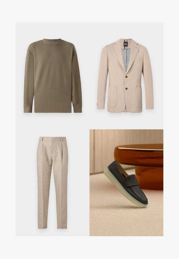 Beige herreblazer med notched revers, to forlommer med påsyede lommer, to brune knapper og et mærket sort label indeni kraven.; Olivengrøn langærmet tekstureret top med rund hals og ribbet stof, der har lige skårne sømme og strukturerede ærmer.; Beige skræddersyede bukser med frontplisser, bæltestropper og slanke, indsnævrede ben på hvid baggrund.; Sort lædersko med tyk hvid sål vist på beige tæppe ved siden af et rundt bord i ravfarve.