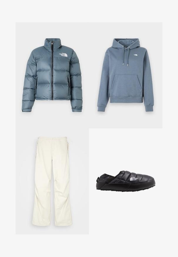 Blauwe gewatteerde jas met hoge kraag, rits aan de voorkant, zijzakken met rits, verstelbare manchetten en wit "The North Face" logo op de borst.; Hoodie in lichtblauw, van een gemengde katoenstof. Voorzien van een buidelzak aan de voorkant, een capuchon met trekkoord en een klein logo op de borst.; BDG Urban Outfitters BAGGY - Broek - cream; Zwarte geïsoleerde instapschoen met een gewatteerde bovenkant, rubberen zool en textuurdetails. Voorzien van een hiel trekhaak en merknaam aan de zijkant.
