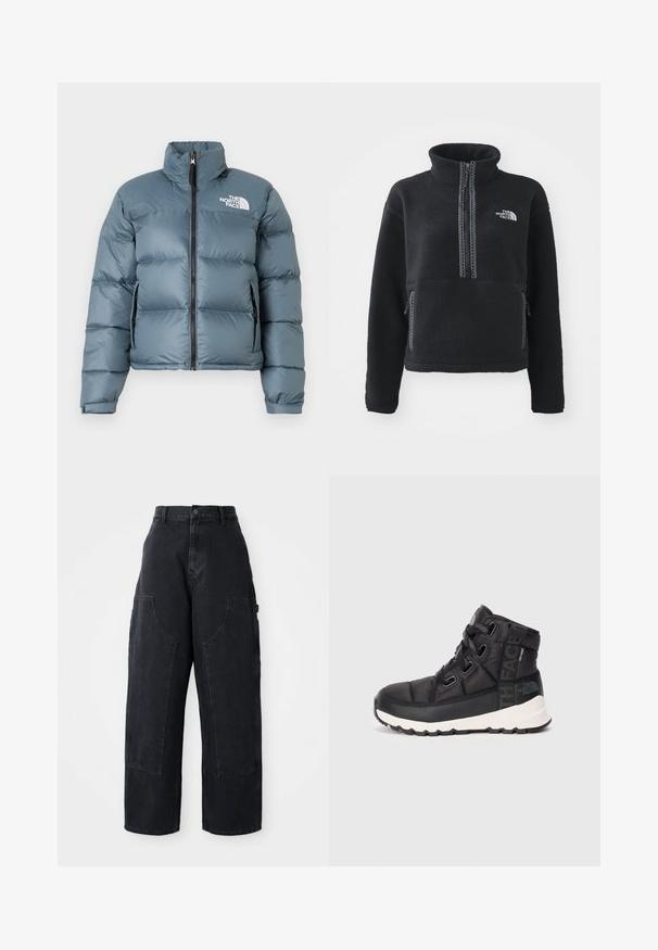 Blauwe gewatteerde jas met hoge kraag, rits aan de voorkant, zijzakken met rits, verstelbare manchetten en wit "The North Face" logo op de borst.; Zwarte fleece trui met hoge kraag, kwart rits, borstzak en contrasterende stiksels. Voorzien van het The North Face-logo op de borst.; Zwarte denim cargo broek met wijde been, hoge taille, twee grote voorkanten zakken en een knoopsluiting bij de taille. Soepele textuur, casual ontwerp.; Zwarte mid-top wandelschoenen met een gestructureerde afwerking, verstelbare veters en een witte rubberen zool. Heeft merkbranding aan de zijkant.