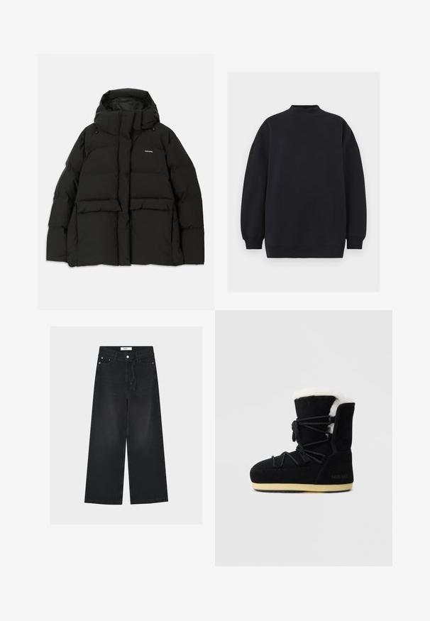 Veste doudoune noire avec capuche, présentant un design matelassé, deux poches avant et un logo sur le haut à gauche de la poitrine.; Sweat-shirt noir oversize avec col montant côtelé, manches longues, et poignets et ourlet côtelés, présenté sur un fond neutre.; Jean noir à jambes larges avec bouton sur le devant, taille à cordon et design cinq poches, posé à plat sur un fond clair.; Botte en suede noire avec une doublure en fourrure blanche, présentant un laçage à l'avant, un support de cheville rembourré et une semelle en caoutchouc pour l'adhérence.