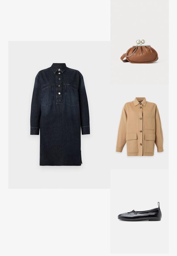 Beežist nööpidega jakk kraega, pikad varrukad, üks rindtasku ja kaks suurt esiklapitaskut.; CLOSED DRESS - Teksakleit - dark blue; Mustmust musta balletking, ümarateo, väikese paelte detailiga ja siledat tekstuuri; omad madalat lapikut tallat ja tõmbluku pöidlal.; Pruun nahast klambriga rahakott, millel on hõbedane palli klamber ja väike hõbedane kett detail, valgel taustal.
