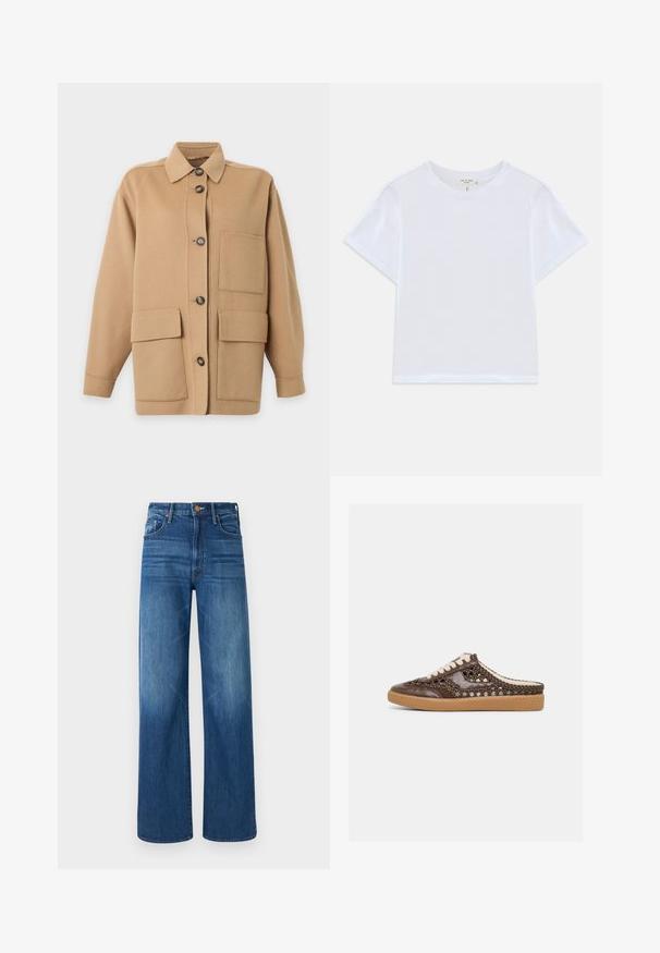 Beige blousejack met kraag, lange mouwen, één borstzak en twee grote klepzakken aan de voorkant.; Witte cropped t-shirt van zacht katoen, met een ronde hals en korte mouwen in een iets ontspannen pasvorm. Geen patronen of accenten.; Mother THE LASSO SNEAK - Relaxed fit jeans - dark blue denim; Bruine geweven leren instapsneaker met witte veters en een beige rubberen zool, getoond in profiel op een effen lichte achtergrond.