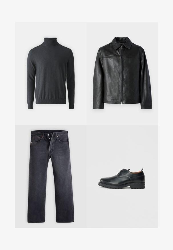 Sort læderjakke med krave, lynlås foran og glat overflade. Har vandrette skuldersømme og lange ærmer.; Mørkegrå turtleneck sweater lavet af blødt, ribbet strikmateriale. Har lange ærmer og en tætsiddende talje, med et højt halsdesign.; Sorte denimjeans med lige snit, fem-lommer design og kobberknapdetaljer. Glat tekstur med let falmet finish.; Sorte læder derby-sko med en glat overflade, rund tå, snøre-design og en tyk, robust gummisål.