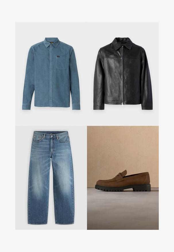 Zwarte leren jas met een kraaghalslijn, ritssluiting aan de voorkant en een gladde textuur. Beschikt over horizontale schoudernaden en lange mouwen.; Langarmshirt van blauwe corduroy, met een button-down kraag, een frontzak en subtiele branding op de zak.; Blauwe spijkerbroek met rechte pijp, knoop en rits aan de voorkant, en vijfzakkenmodel.; Donkerbruine leren loafer met dikke zwarte rubberen zool, getoond boven een beige tapijt en bankachtergrond.