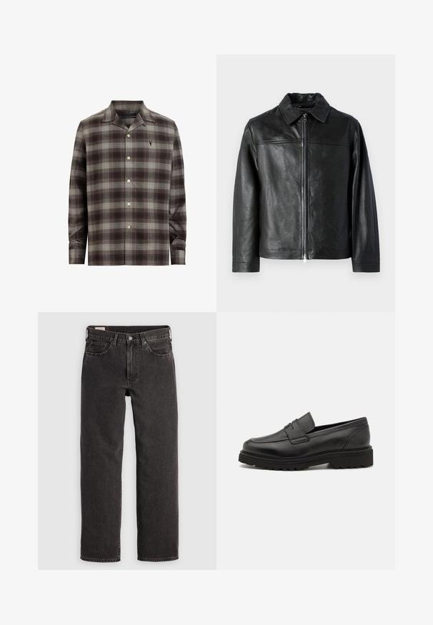 Veste en cuir noir avec un col, fermeture éclair à l'avant et texture lisse. Présente des coutures d'épaule horizontales et des manches longues.; Chemise à carreaux brune et grise en tissu léger, avec un col évasé, fermeture à boutons et un logo brodé sur la poitrine.; Jeans en denim noir avec une coupe droite, cinq poches et des tringles métalliques. Le tissu présente une légère texture et une finition unie.; Mocassin en cuir noir avec un bout rond, des détails cousus, et une semelle épaisse et texturée. Présente un design élégant et minimaliste.