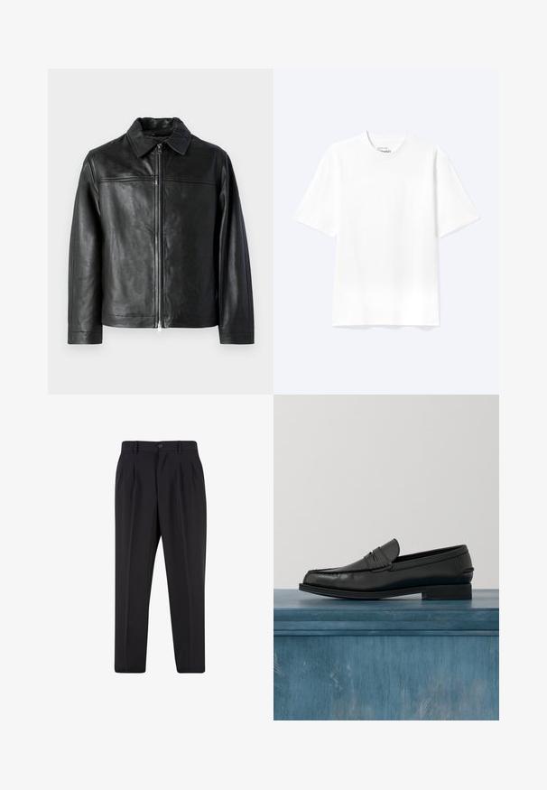 Veste en cuir noir avec un col, fermeture éclair à l'avant et texture lisse. Présente des coutures d'épaule horizontales et des manches longues.; T-shirt blanc uni à manches courtes et col rond avec une coupe décontractée, présenté sur un fond clair.; Pantalon noir sur mesure avec plis à l'avant, passants pour ceinture et fermeture par bouton à la taille.; Mocassins noirs en cuir avec un design élégant, comportant un bout cousu et une finition lisse. La chaussure possède un talon bas et un minimum de détails.