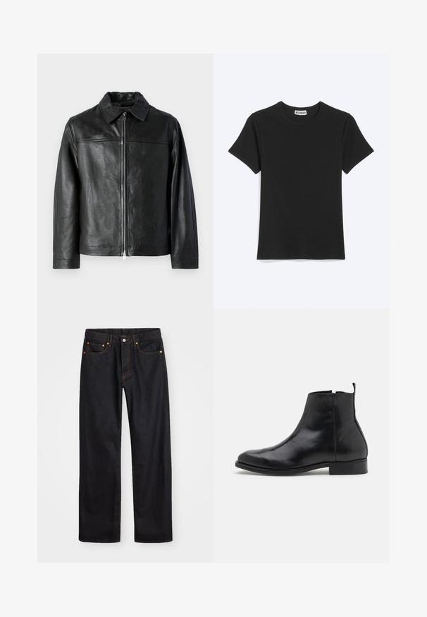 Veste en cuir noir avec un col, fermeture éclair à l'avant et texture lisse. Présente des coutures d'épaule horizontales et des manches longues.; T-shirt noir uni à manches courtes et col rond avec une étiquette de la marque Weekday à l’intérieur du col, présenté sur fond blanc.; Jean en denim noir pour hommes, coupe droite, avec cinq poches et surpiqûres orange, fermeture par bouton et zip à la taille avant.; Zign by Zalando LEATHER - Bottines - black