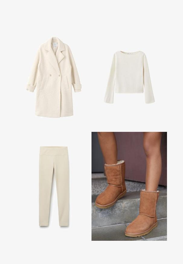 Doppeltknopf- Mantel aus weichem cremefarbenem Stoff, mit Reverskragen, Seitentaschen und umgeschlagenen Bündchen für zusätzliche Details und Textur.; Off-white Langarmpullover mit weitem Rundhalsausschnitt und leicht ausgestellten Ärmeln, aus weichem Strickstoff gefertigt.; Beige Leggings mit hohem, breitem Bund, gefertigt aus einem weichen, elastischen Stoff. Gerade Beinform ohne sichtbare Nähte oder Muster.; Braune Wildleder-Stiefeletten mit runder Spitze, weicher Innenausstattung und Gummisohle, die über sichtbare Nähte entlang der Nähte verfügen.