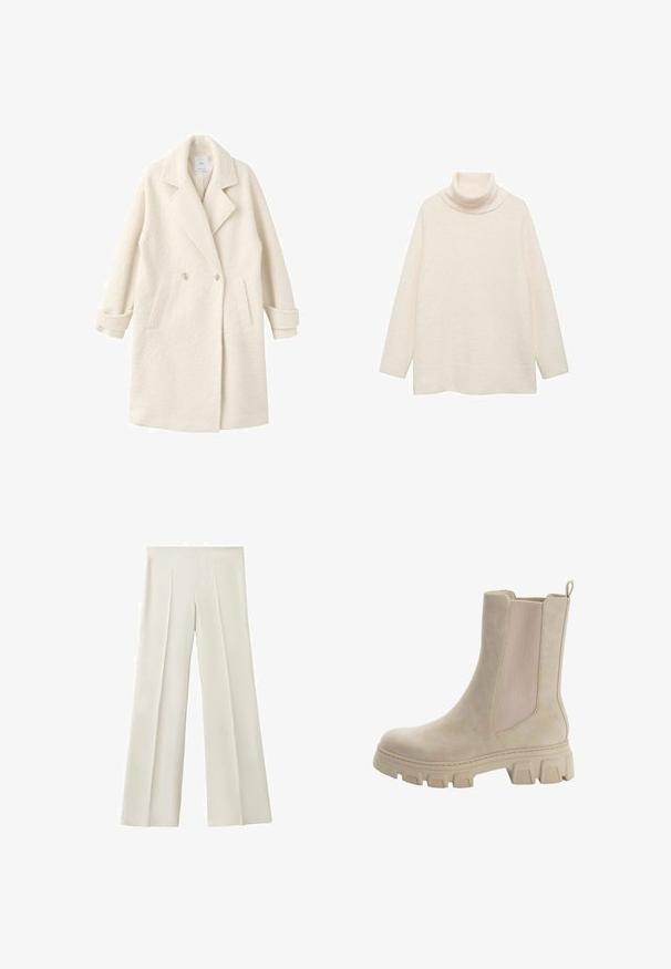 Manteau croisé en tissu crème doux, doté de revers crantés, de poches latérales et de poignets roulés pour une touche de détail et de texture.; Pull à col roulé de couleur crème en tissu doux et texturé. Doté de manches longues et d'une coupe ample et décontractée. Design simple sans motifs.; Pantalon à jambes larges en tissu beige clair avec plis devant. Texture lisse et design sur mesure pour une coupe décontractée. Pas de fermetures visibles ni d'accents.; Bottines Chelsea beiges avec un cuir lisse et des panneaux latéraux élastiques. Semelle en caoutchouc épaisse et robuste avec un motif de traction distinctif et une languette.