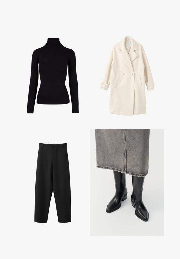 Dobbeltradet frakke i blødt cremefarvet stof, der har klaplæs, sidelommer og rullede manchetter for ekstra detaljer og tekstur.; Sort rullekrave sweater lavet af blødt strikkemateriale, med lange ærmer og ribbede detaljer ved halsen og kanten. Tætsiddende design.; Sorte bukser med lige ben, bæltestropper, frontlynlås og et rent, enkelt design, der passer til både formelt og afslappet brug.; Sorte læder cowboy støvler med spids tå og kraftig hæl, der har en glat finish og slankt design, parret med en grå nederdel.