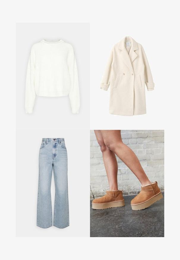 Manteau croisé en tissu crème doux, doté de revers crantés, de poches latérales et de poignets roulés pour une touche de détail et de texture.; Pull en maille blanche avec un col rond, des manches longues et une coupe décontractée. Présente un motif texturé et un ourlet et des poignets côtelés.; Jean large en denim bleu clair avec taille haute, design classique à cinq poches et couture contrastante. Détail de ourlet brut en bas.; Bottines en suède marron avec une doublure en peluche, semelle épaisse en beige et une poignée à l'arrière. Surface texturée avec des détails de couture visibles.