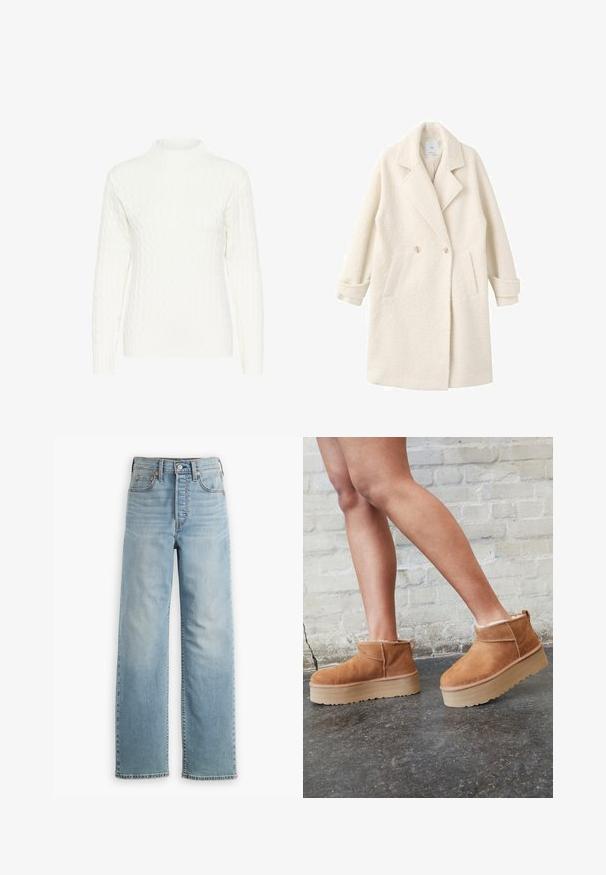 Manteau croisé en tissu crème doux, doté de revers crantés, de poches latérales et de poignets roulés pour une touche de détail et de texture.; Pull en maille torsadée blanche avec un col montant, des manches longues et un motif texturé. Le tissu semble doux et légèrement extensible.; Jean en denim bleu clair avec une taille haute, une coupe droite, un style cinq poches et des détails de coutures visibles.; Bottines en suède marron avec une doublure en peluche, semelle épaisse en beige et une poignée à l'arrière. Surface texturée avec des détails de couture visibles.