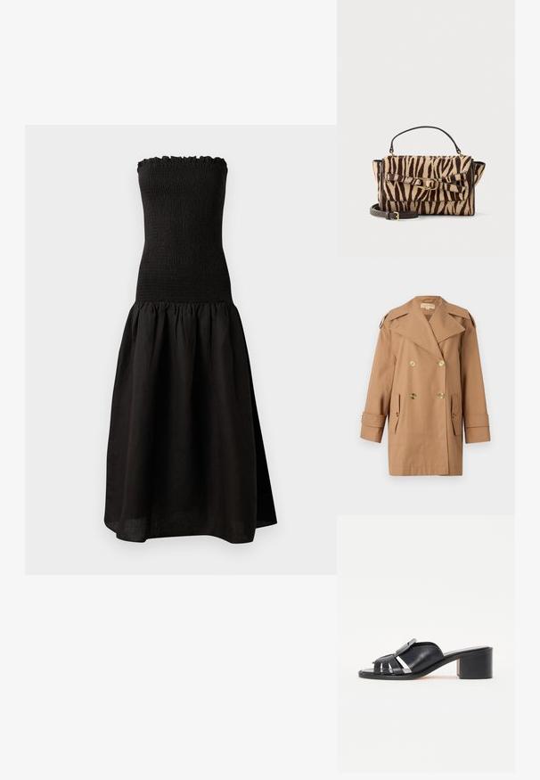 Bruine dubbele trenchcoat gemaakt van katoen. Voorzien van grote gouden knopen, brede revers en twee voorzakken. Middellange mouwen.; Zwarte strapless jurk met een gesmockte bodice, gerimpelde halslijn en een uitlopende, geplooide rok van lichtgewicht stof.; Zwarte leren slippers met een gebogen band met uitsparingen, zilveren hardwareaccent en een chunky hak. Een gladde textuur overal.; Kleine rechthoekige handtas met bruine en beige zebrastripes, zwart handvat, gouden gesp en afneembare zwarte band.