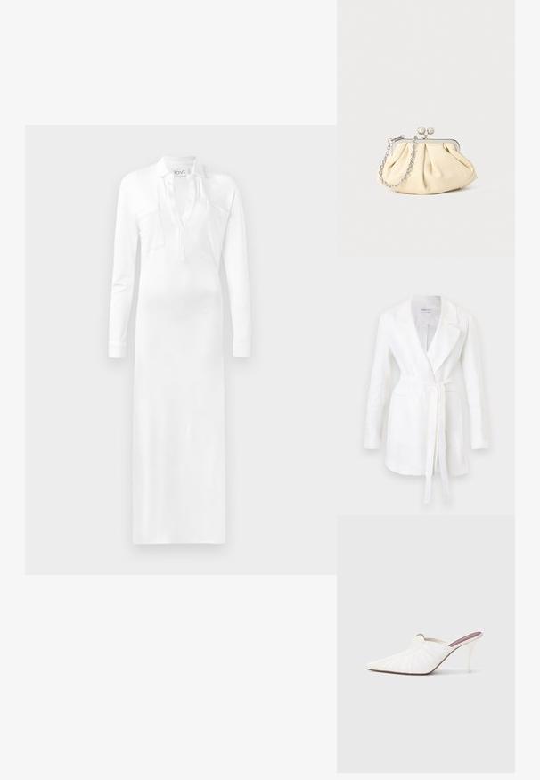 Witte blazer met lange mouwen, met ingezette revers, twee voorzakken en een ceintuur om de taille te knopen, hangend tegen een effen achtergrond.; Witte lange mouw jurk met een kraag en twee borstzakken, gemaakt van soepel materiaal dat tot de grond valt. Inclusief een knoopsluiting.; Witte mules met een puntige neus, geplooide textuur op het bovenwerk en een slanke naaldhak. Gladde oppervlakte en minimalistisch ontwerp.; Geplooide beige leren clutch met een zilveren metalen frame, voorzien van twee ronde decoratieve sluitingen en een zilveren kettingriem.