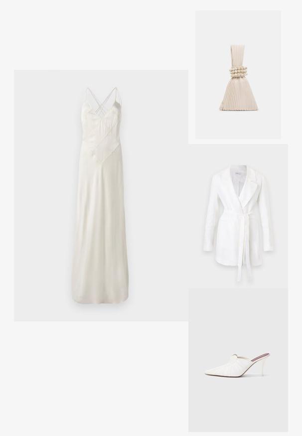 Weißer Langarmblazer mit gekerbtem Revers, zwei Fronttaschen und einem Taillengürtel, hängend vor einfarbigem Hintergrund.; Langes, cremefarbenes Satin-Kleid mit dünnen Trägern, das ein Kreuzdesign am Ausschnitt aufweist und eine legere Passform hat, mit einer glatten, glänzenden Textur.; Weiße Mules mit spitz zulaufender Spitze, plissierter Textur am Obermaterial und schlankem Stilettoabsatz. Glatte Oberfläche und minimalistisches Design.; Kleine beigen Faltentasche mit einem verknoteten Griff und drei runden Perlenarmbändern, die um die Mitte gewickelt sind.