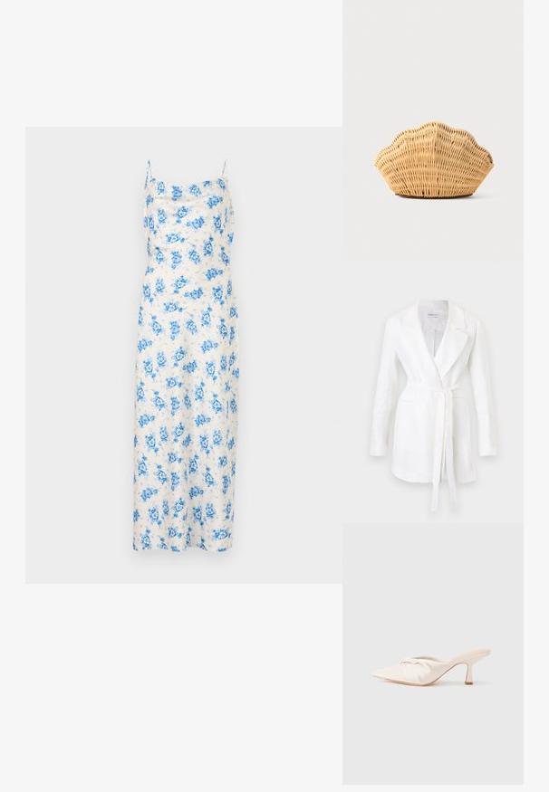 Blazer blanc à manches longues avec revers crantés, deux poches avant et une ceinture à nouer à la taille, suspendu sur un fond uni.; Robe midi blanche sans manches avec imprimé floral bleu et fines bretelles, présentant un décolleté droit.; Chaussure mule en tissu beige clair avec un design noué à l'avant, bout pointu et talon fin et effilé. Texture lisse dans l'ensemble.; Sac à main en rotin tissé en forme de coquille Saint-Jacques de couleur brun clair naturel avec des bords arrondis et texturés.