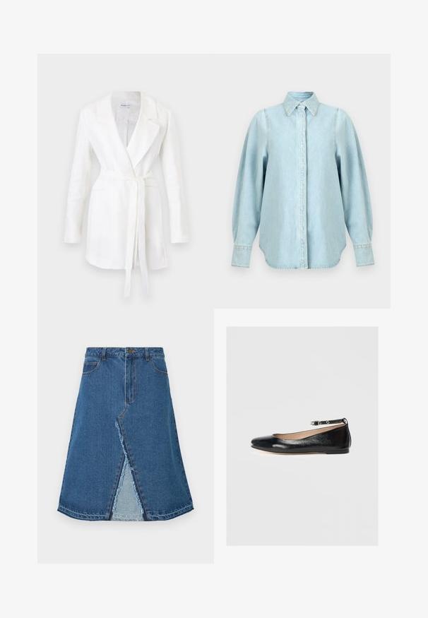 Blazer blanc à manches longues avec revers crantés, deux poches avant et une ceinture à nouer à la taille, suspendu sur un fond uni.; Chemise en denim bleu clair avec manches longues bouffantes, col pointu, poignets boutonnés et patte de boutonnage cachée à l'avant.; Jupe en denim bleu avec une forme évasée, présentant une fente à l'avant et un ourlet effiloché. Design classique à cinq poches et fermeture à bouton métal.; Ballerines noires en cuir avec un bout rond, une bride à la cheville et un petit talon. Texture lisse et design minimaliste.