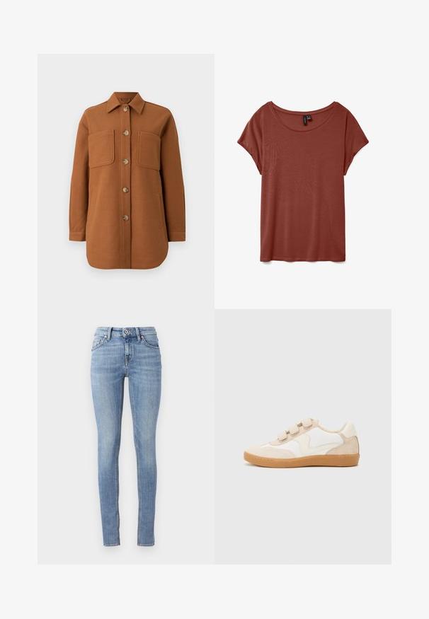 Brun ulden skjortejakke med spids krave, lukning med seks knapper, to brystlommer og sidelommer. Glat tekstur og afslappet pasform.; Rustfarvet T-shirt med korte ærmer og rund halsudskæring, løs pasform og synligt mærke inde i kraven.; Lyseblå stramme jeans lavet af denim, med en standard linning, fem lommer og kontrastsyninger langs sømmene.; Sneakers i hvid og beige læder med nubuck-detaljer, der har en rund tå, tre velcrobånd og en gummisål.