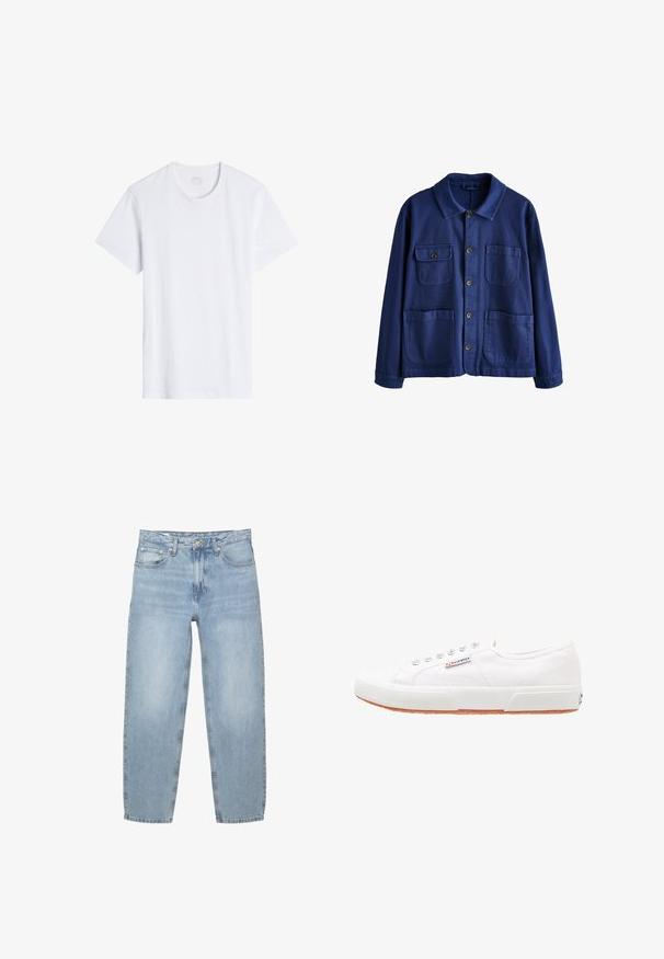 Marineblaue Jacke aus robustem Stoff mit spitzem Kragen, vorderer Knopfleiste und vier Taschen, mit glatter Textur.; Weißes T-Shirt mit kurzen Ärmeln und rundem Halsausschnitt. Hergestellt aus glattem Baumwollgewebe, bietet es eine lockere Passform und minimale Nähte.; Hellblaue Denim-Jeans, lockere Passform, hoch sitzend, mit fünf Taschen, Knopf- und Reißverschluss, gerade Beine mit leicht ausgefranstem Saum.; Weiße Leinensneaker mit Gummisohle, Schnürdesign und einem kleinen Logolabel an der Seite. Strukturierte weiße Oberseite und braune Außensohle.