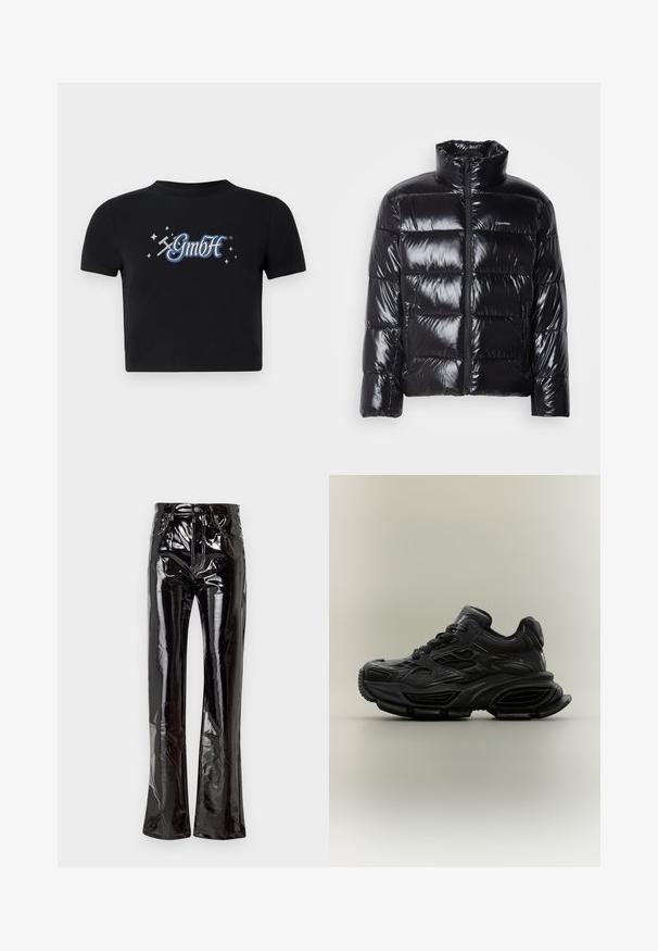Sort pufferjakke med en blank overflade, som har høj krave, frontlynlås og to sidelommer med lynlås. Kassequiltet design.; Sort cropped t-shirt lavet af bomuld med en rund halsudskæring, prydet med et blåt og hvidt "GmbH" logo omgivet af små stjerner, trykt på forsiden.; Sorte, højtaljede flagrende bukser lavet af blank vinyl med forlommer, lynlås lukning og synlige sømdetaljer.; Sort chunky sneaker med tekstureret design, tyk sål og snørelukning vist mod en almindelig neutral baggrund.