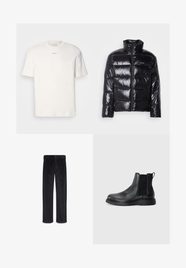 Sort pufferjakke med en blank overflade, som har høj krave, frontlynlås og to sidelommer med lynlås. Kassequiltet design.; Hvid bomulds T-shirt med rund hals, korte ærmer og broderet "Calvin Klein" logo i midten af brystet. Enkel design.; Sorte, lige bukser i ribstof med knap- og lynlåslukning, bæltestropper og sidelommer.; Sorte læder chelsea støvler med tekstureret finish, elastiske sidepaneler og en robust gummisål. Subtil branding på hælen.