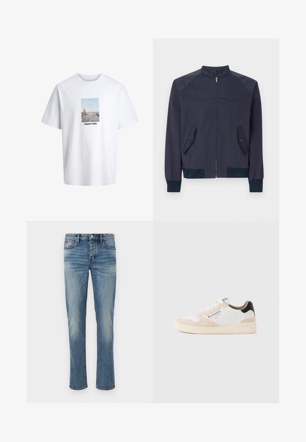 Ναυτικό μπλε bomber jacket με όρθιο γιακά, μπροστινό φερμουάρ και δύο κεκλιμένες τσέπες. Διαθέτει ριχτές μανσέτες και λάστιχο στη μέση.; Λευκό T-shirt με κοντά μανίκια, με εκτυπωμένη φωτογραφία ενός δρόμου που εκτείνεται σε ένα τοπίο και το κείμενο "Originals Studio" κάτω από τη φωτογραφία.; Ανοιχτό μπλε τζιν παντελόνι με ίσια γραμμή, σχέδιο πέντε τσεπών, κλείσιμο με ασημένιο κουμπί και διακριτική φθορά σε όλη την ύφανση.; Άσπρο και μπεζ παπούτσι χαμηλού πάνω μέρους με μαύρη λεπτομέρεια στη φτέρνα, τρύπες στο μπροστινό μέρος, κλείσιμο με κορδόνια και τη σήμανση "ALLSAINTS" στο πλάι.
